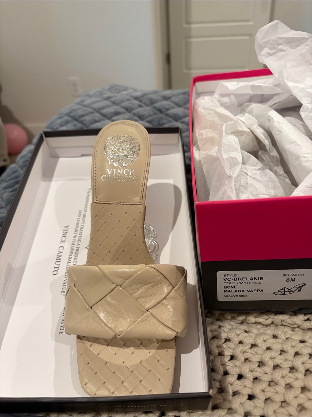 Vince Camuto Neutral Beige Woven Leather Slide Mules